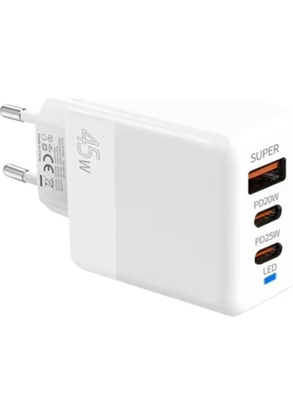 PD40 2xtype-C + USB Qc3.0 Pd 45W Hizli Sarj Adaptörü Sarj Basligi