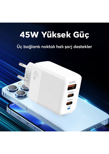 PD40 2xtype-C + USB Qc3.0 Pd 45W Hizli Sarj Adaptörü Sarj Basligi