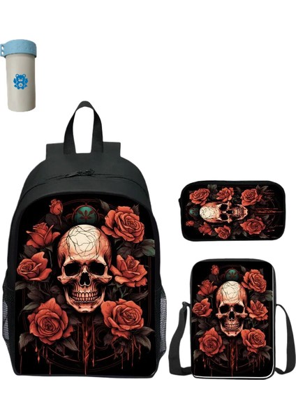 3 Parça/takım Şık 3D Baskılı Gül ve Kafatası Kadın Sırt Çantası, Erkek Çocuklar Için Okul Çantası, Çocuk Omuz Çantası (Yurt Dışından)