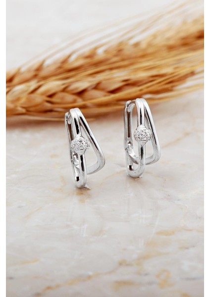 Tasarım Rodyumlu Taşlı Gümüş Küpe 7152