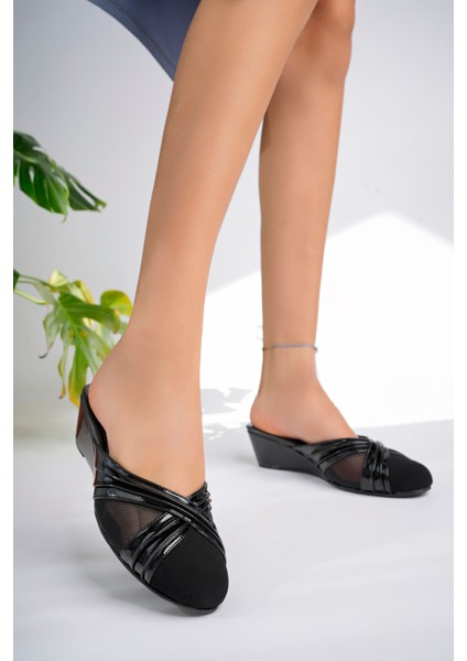 Kadın Siyah Nubuk Rugan Tül Detay Şık Ev Terliği fiyatları