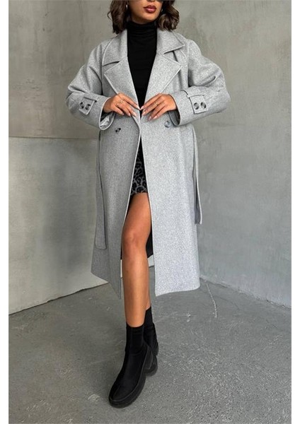 Dipmoda kadın astarlı gri melanj ithal kaşe kaban DPG048