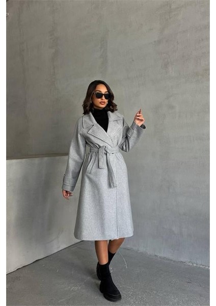Dipmoda kadın astarlı gri melanj ithal kaşe kaban DPG048 modelleri