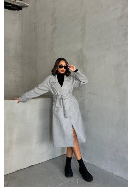 Dipmoda kadın astarlı gri melanj ithal kaşe kaban DPG048 fırsatları