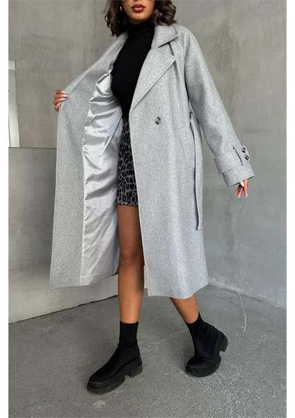 Dipmoda kadın astarlı gri melanj ithal kaşe kaban DPG048 indirimleri