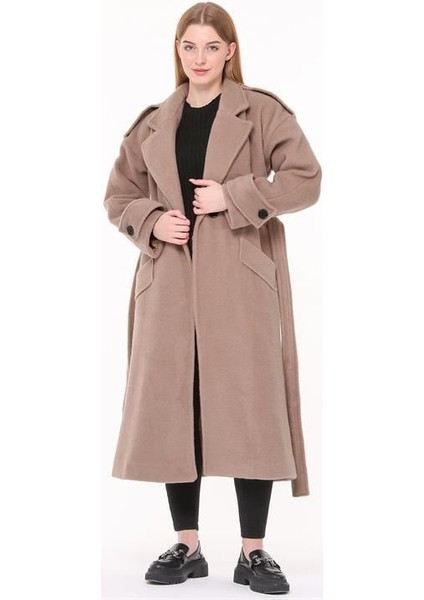 Dipmoda kadın kuşaklı oversize yün kaşe kaban DPPLTN02 - Camel
