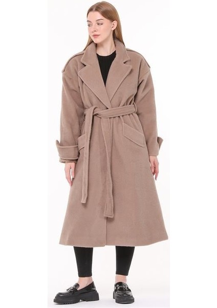 Dipmoda kadın kuşaklı oversize yün kaşe kaban DPPLTN02 - Camel