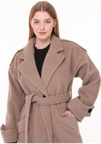 Dipmoda kadın kuşaklı oversize yün kaşe kaban DPPLTN02 - Camel