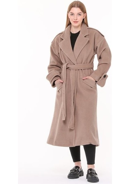 Dipmoda kadın kuşaklı oversize yün kaşe kaban DPPLTN02 - Camel