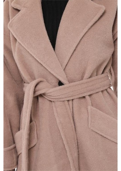 Dipmoda kadın kuşaklı oversize yün kaşe kaban DPPLTN02 - Camel