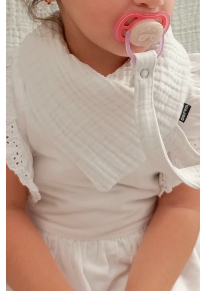 2'li %100 Pamuk 8 Katlı Müslin Emzik Askılıklı Kız Erkek Bebek Salya ve Mama Önlüğü *beyaz