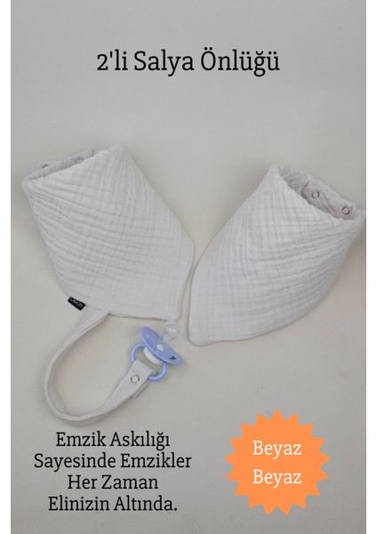 2'li %100 Pamuk 8 Katlı Müslin Emzik Askılıklı Kız Erkek Bebek Salya ve Mama Önlüğü *beyaz