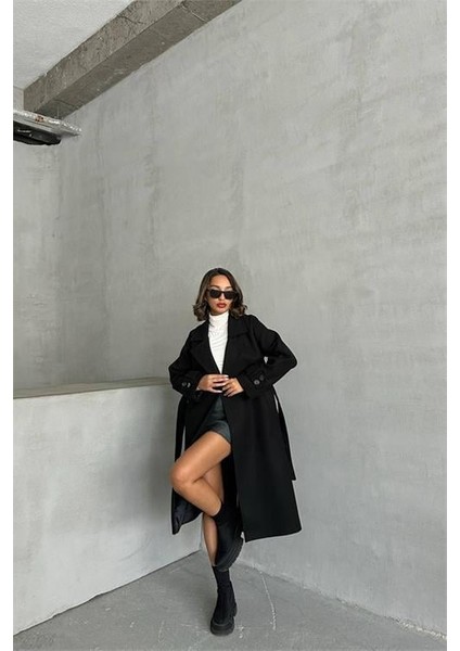 Dipmoda kadın astarlı siyah ithal kaşe kaban DPG048