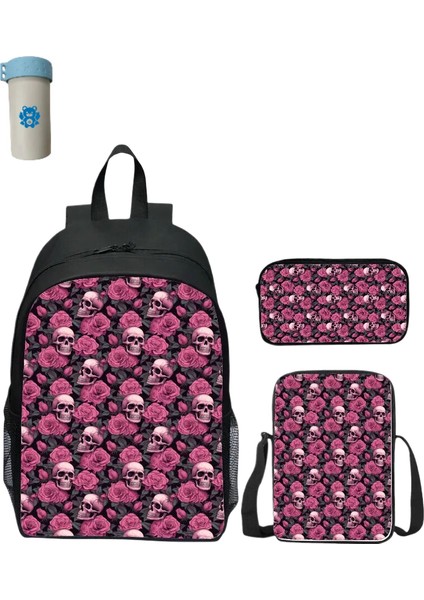 3 Parça/takım Şık 3D Baskılı Gül ve Kafatası Kadın Sırt Çantası, Erkek Çocuklar Için Okul Çantası, Çocuk Omuz Çantası (Yurt Dışından)