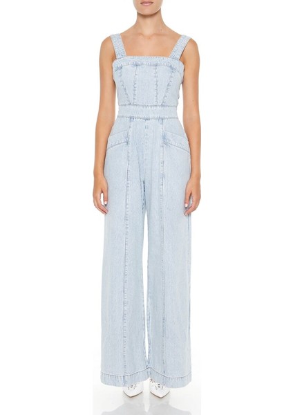 Çizgili Wide-Leg Denim Tulum