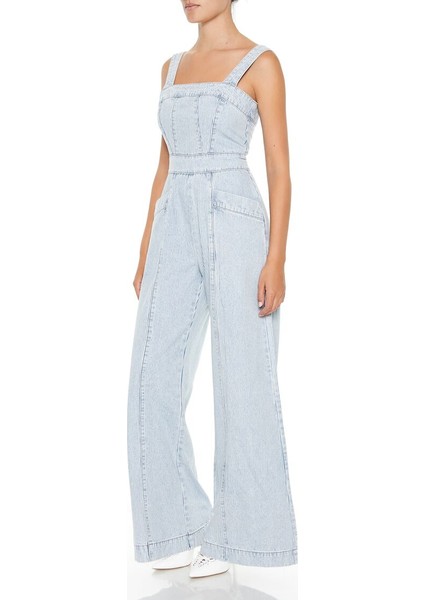 Çizgili Wide-Leg Denim Tulum