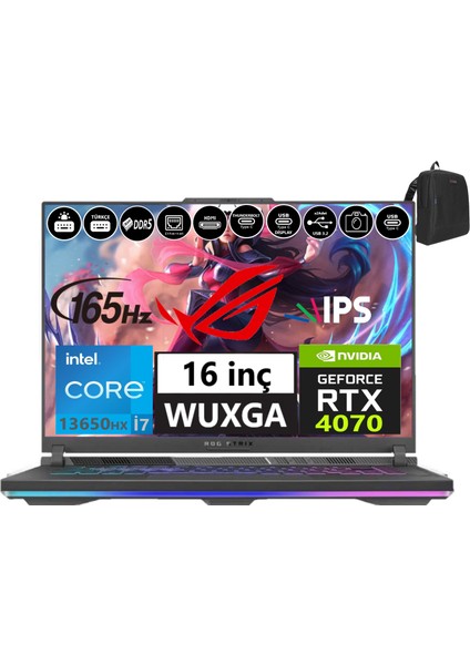 Rog Strix G16 G614JI-N3186 Intel I7-13650HX 96GB Ddr5 2tb SSD 8GB/RTX4070 140W Freedos 16" 165Hz Wuxga IPS Taşınabilir Bilgisayar ROGN318619+WEBLEGELSINÇANTA