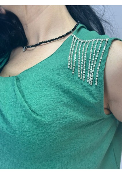 Zirkon Taş Püskül Apoletli Kadın Crop Bluz