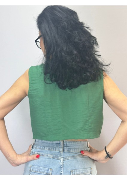 Zirkon Taş Püskül Apoletli Kadın Crop Bluz