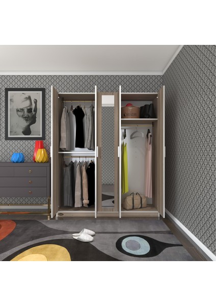 Kenzlife gardırop 5 kapaklı kapılı 150 lilyum crd aynalı gardolap dolap