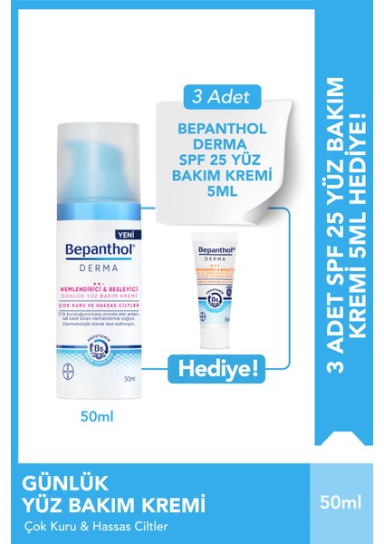 Derma Günlük Yüz Bakım Kremi + 3 Adet Derma Spf 25 Yüz Bakım Kremi 5ml Hediyeli