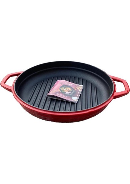 28 cm Yuvarlak Demir Döküm Grill Tava Çift Kulplu Kırmızı