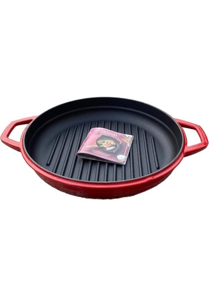 28 cm Yuvarlak Demir Döküm Grill Tava Çift Kulplu Kırmızı