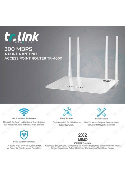 Tr-Link TR-4000 300 Mbps 4 Port 4X5DBI Anten Kablosuz Menzil Genişletici Access Point Router