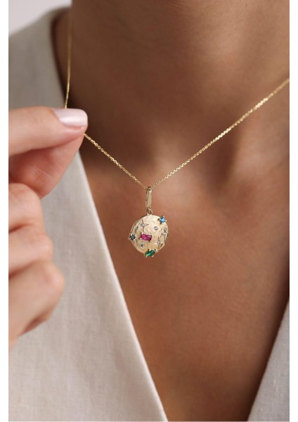 Mix Taşlı Galaxy Moon Kilitli Charm Kolye Ucu