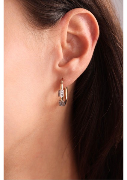 Taşlı Beyaz Altın Detaylı Halka Küpe