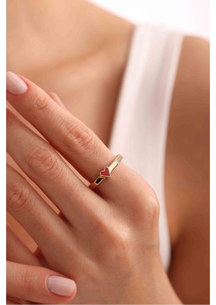 Minimal Kırmızı Mineli Kalp Yüzük