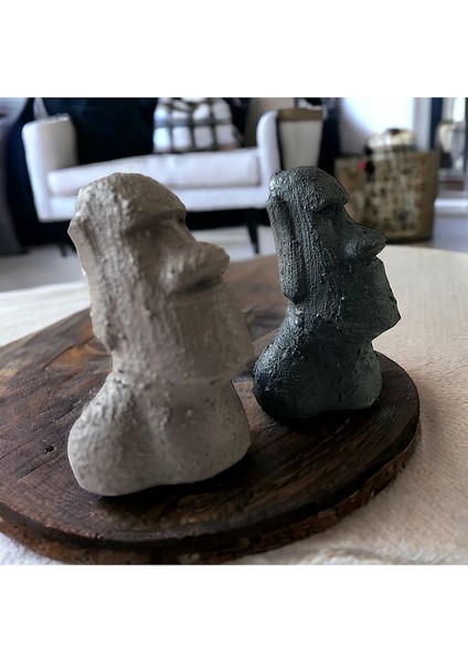 El Yapımı Beton Moai Paskalya Adası Dekoratif Heykel Biblo Ev Tasarım Dekoru 2 Li Set