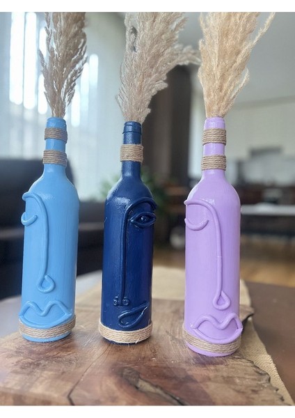 Cam Şarap Şişesi Dekorasyonları 3'Lü Set, Soyut Yüz Desenli Pastel Tonlarda Dekoratif Şişeler