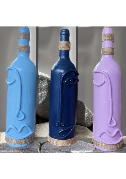 Cam Şarap Şişesi Dekorasyonları 3'Lü Set, Soyut Yüz Desenli Pastel Tonlarda Dekoratif Şişeler