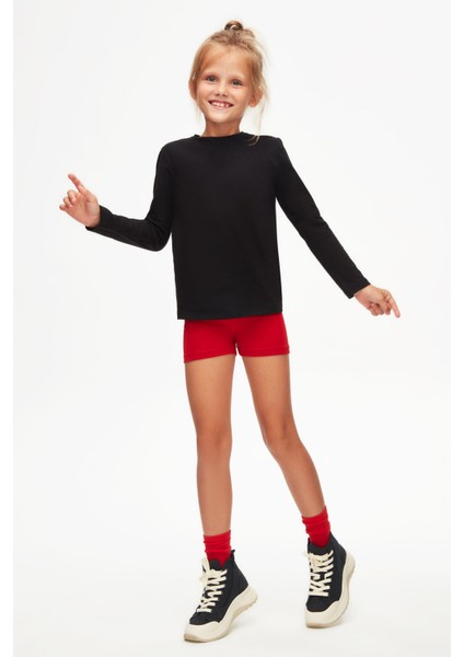 Siyah Basic Unisex Çocuk Mevsimlik Sıfır Yaka Uzun Kollu Tişört