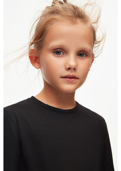 Siyah Basic Unisex Çocuk Mevsimlik Sıfır Yaka Uzun Kollu Tişört modelleri