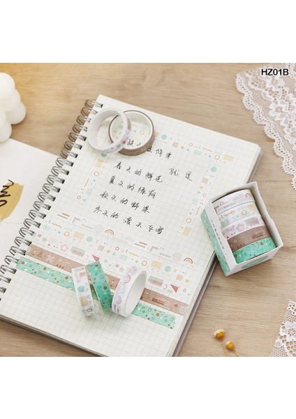 Vintage Washi Tape Bant Baskılı Yapışkanlı Maskeleme Kağıdı Sevimli Desenli Bant 5 Li - Geometri modelleri
