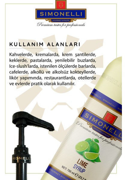 Kahve ve Kokteyl Şurubu Lime Aromalı 700 ml + Pompa