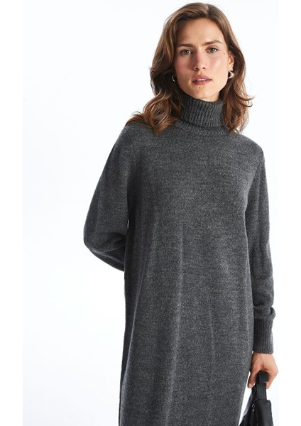 Lcwaıkıkı Classic Balıkçı Yaka Düz Uzun Kollu Oversize Kadın Triko Elbise