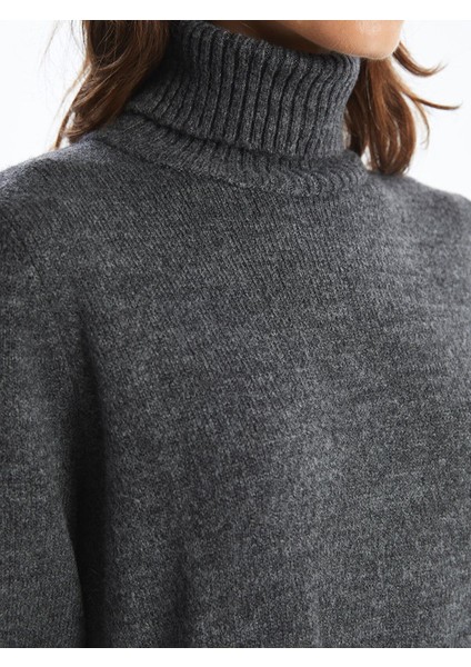 Lcwaıkıkı Classic Balıkçı Yaka Düz Uzun Kollu Oversize Kadın Triko Elbise