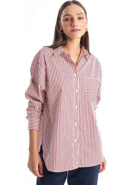Lcw Vision Çizgili Oversize Poplin Kadın Gömlek