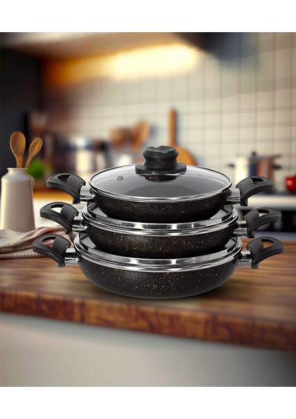 18 20 22 cm Siyah Altın 6 Parça Kapaklı Omlet/sahan Tava Seti