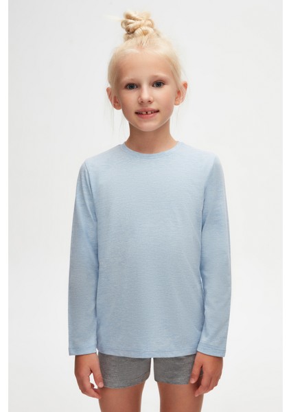 Mavi Melanj Basic Unisex Çocuk Mevsimlik Sıfır Yaka Uzun Kollu Tişört