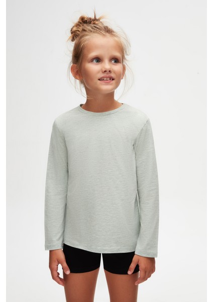 Açık Yeşil Melanj Basic Unisex Çocuk Mevsimlik Sıfır Yaka Uzun Kollu Tişört fiyatları