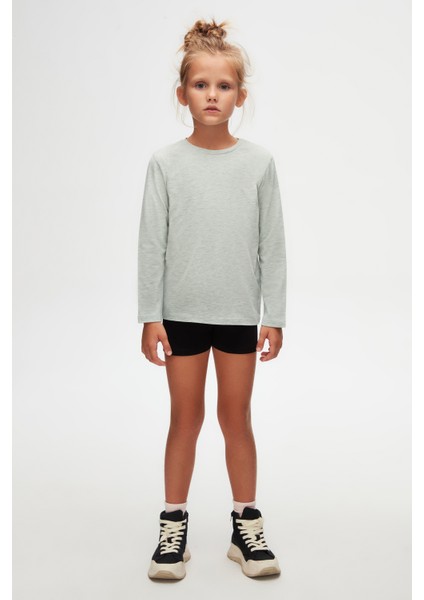 Açık Yeşil Melanj Basic Unisex Çocuk Mevsimlik Sıfır Yaka Uzun Kollu Tişört