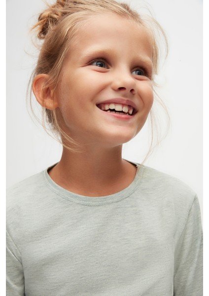 Açık Yeşil Melanj Basic Unisex Çocuk Mevsimlik Sıfır Yaka Uzun Kollu Tişört modelleri