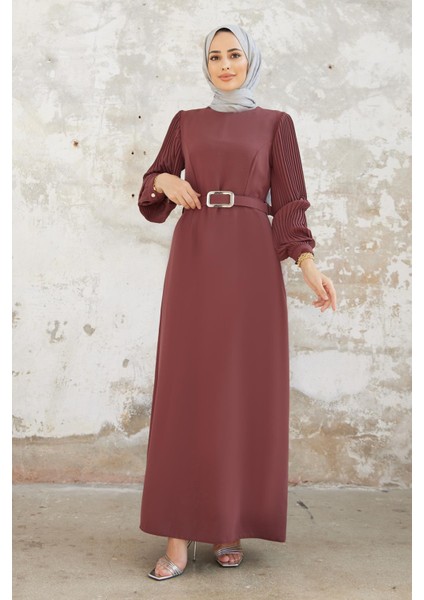 5014 Kolları Piliseli Elbise - Gül Kurusu