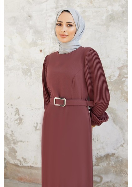 5014 Kolları Piliseli Elbise - Gül Kurusu