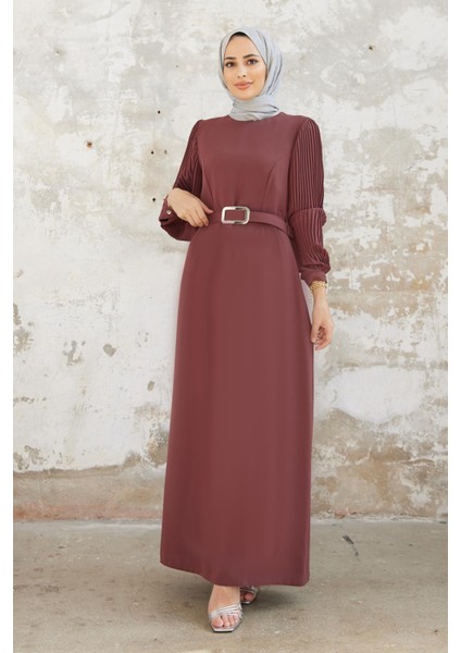5014 Kolları Piliseli Elbise - Gül Kurusu