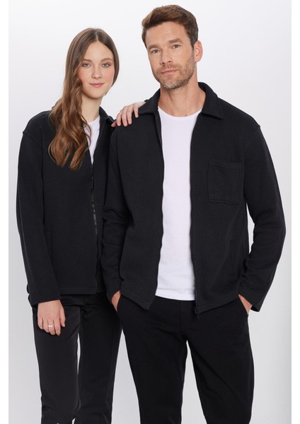Unisex Relax Fit Rahat Kesim Çift Cepli Fermuarlı Siyah Örme Gömlek modelleri